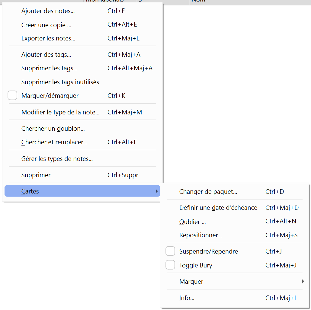 Menu contextuel d’une note