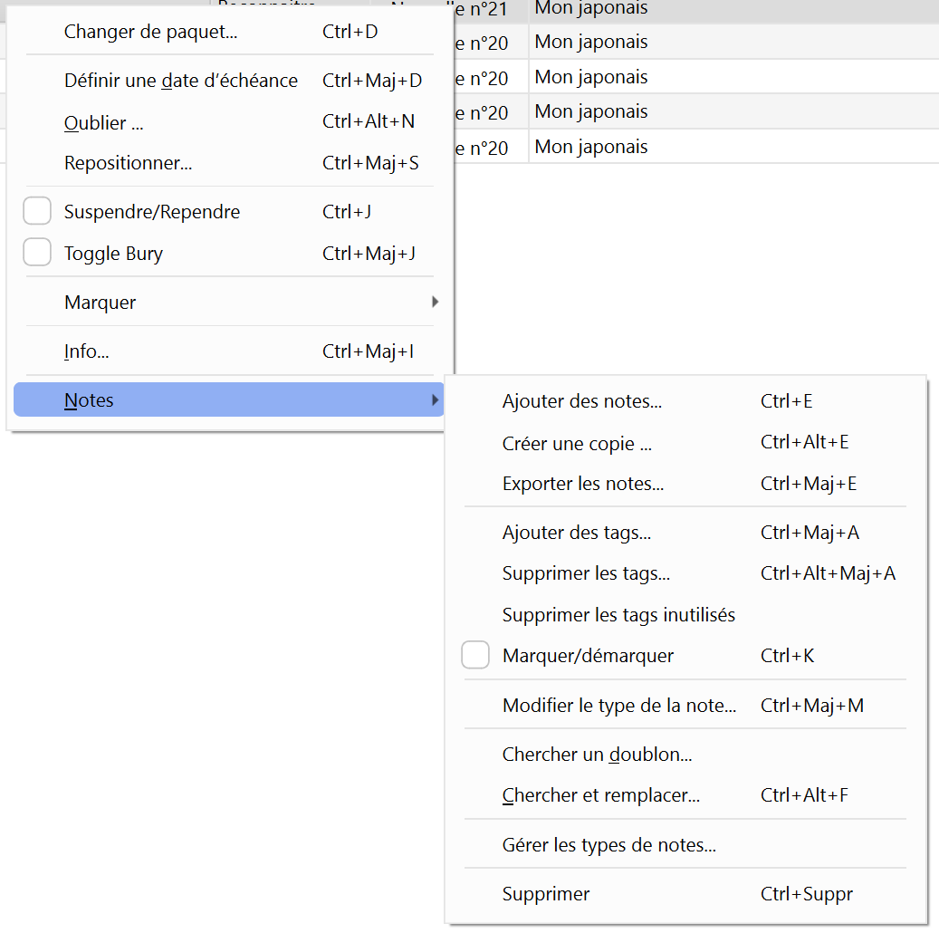 Menu contextuel d’une carte